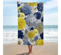 Grande serviette de plage en microfibre anti-sable pour salle de bain et piscine Motif chrysanthème bleu, jaune et gris, 130 x 80 cm