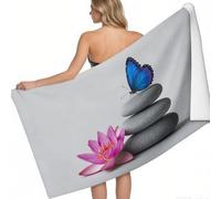 Grande Serviette de Plage Lotus Papillon de Pierre 140 x 70 cm en Microfibre XXL Éléments Naturels Anti-Sable Séchage Rapide Légère pour Piscine Yoga Sport Fitness