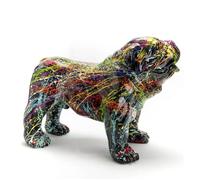 Grande statue chien Bouledogue Anglais noir, résine, avec coulures de peinture multicolores, pour décoration. Hauteur 43 cm