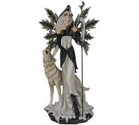Grande statue de fée avec un loup, statuette géante en résine H. 60 cm