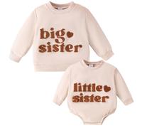 Grande Sœur Petite Sœur Tenues Assorties - Pull Sweatshirt et Barboteuse à Manches Longues pour Fille et Bébé - Beige Big Sis, 18-24 Mois