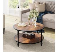Grande Table Basse Ronde en Bois Massif,Table de Salon scandinave Rétro en 2 Niveaux,End Table,Table à café,Table d'Appoint avec 4 Pieds en Colonne pour Salon,Chambre,Bureau(72x72x48cm,Brun)