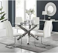 Grande table de salle à manger ronde en métal chromé avec plateau en verre transparent et 4 chaises blanches - Meuble moderne 6 places pour salle à manger, cuisine et divertissement