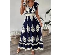 Grande taille 1XL-5XL Robe de soirée cintrée à col en V pour femme Imprimé confortable à manches courtes Robe longue