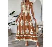 Grande taille 1XL-5XL Robe de soirée cintrée à col en V pour femme Imprimé confortable à manches courtes Robe longue