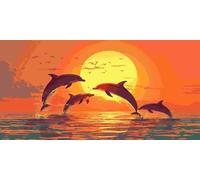 Grande Taille Diamond Painting Kits Coucher de soleil dauphin, 5D DIY Diamond painting Adulte Art Cristal Broderie Peintures Diamant Arts Artisanat pour Enfants Home Office Décor Murale 30x60 cm s-964