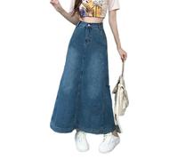 Grande Taille Maxi Jupe en Jean Femmes 2023 décontracté Solide Tout-Match Poche arrière Fente Une Ligne Taille Haute Longue Jupe en Jean Femme-Bleu-S