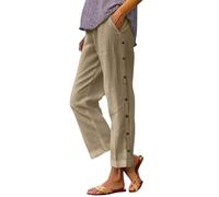 Grande Taille Pantalon Femme Fluide Lin Blanc Women Fashion Solid Color Cotton Elastic Long Pants Beach Leisure Trousers A of Ensemble Lin Femme LéGer lon en (Khaki, S)