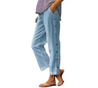 Grande Taille Pantalon Femme Fluide Lin Blanc Women Fashion Solid Color Cotton Elastic Long Pants Beach Leisure Trousers A of Ensemble Lin Femme LéGer lon en (Light Blue, L)