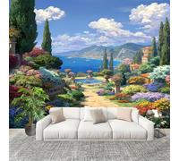 Grande taille Papier Peint de Photo 200x140 cm Jardin De Style EuropéEn Avec Vue Sur La Mer Peler Et Coller Papier Peint Panoramique intissé Murale Bleu Pour Salon Chambre Enfant Chambre Décoration