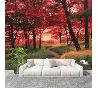 Grande taille Papier Peint de Photo 350x256 cm Soleil Sur La ForêT D'éRables Rouges Peler Et Coller Papier Peint Panoramique intissé Murale Rouge Pour Salon Chambre Enfant Chambre Décoration