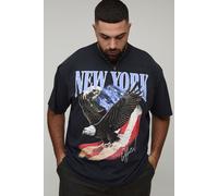 Grande taille - T-shirt oversize délavé à col montant et imprimé aigle de New York homme - gris - 3XL, gris
