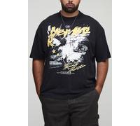 Grande taille - T-shirt oversize délavé à col montant et imprimé aigle homme - acid wash black - 3XL, acid wash black