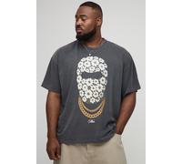 Grande taille - T-shirt oversize délavé à imprimé palmier homme - noir - 2XL, noir