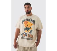 Grande taille - T-shirt oversize universitaire à imprimé ours en peluche homme - beige - 2XL, beige