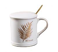 Grande Tasse Cette Céramique Noire Et Blanche Mate De 350 Ml, Avec Couvercle Cuillère Est Idéale Pour Servir Du Lait Café Des Desserts Parfaite La Maison Le Bureau Motif Feuille Palmier Blanche.