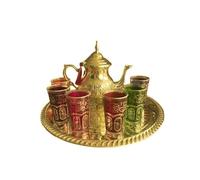 Grande Théière Marocaine Artisanale 750ml avec Plateau Gravé en laiton Doré et 6 Verres à Thé - Élégance Authentique de Fès