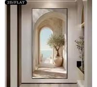 Grande toile imprimée représentant une arche d'oliviers sur la côte méditerranéenne - Décoration murale beige et blanche d'inspiration grecque, inspirée des îles grecques (45 x 90 cm / sans cadre)