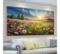 Grande toile imprimée représentant une prairie fleurie, lever de soleil coloré, décoration murale pour salon, chambre à coucher, œuvre d'art pour la maison (60 x 120 cm, sans cadre)