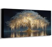 Grande toile murale Arbre de Vie, œuvre d'art abstraite arbre noir et or, art mural abstrait moderne et luxueux, pour salon (55 x 110 cm/avec cadre)