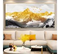 Grande toile murale d'art moderne, représentant des montagnes dorées et des oiseaux dans les montagnes, idéale pour la décoration de la chambre ou du salon (50 x 100 cm / Toile tendue sur châssis)