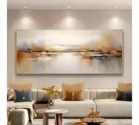 Grande toile murale moderne abstraite représentant un paysage serein, des eaux calmes, des collines majestueuses et des montagnes brumeuses, idéale pour la décoration du salon (65 x 130 cm / sans cadre)