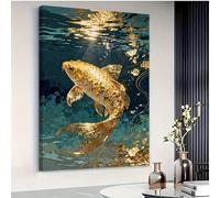 Grande toile murale représentant un bassin de carpes koï dorées dans une eau bleue (20 x 30 cm/sans cadre) - Décoration classique et paisible pour le salon