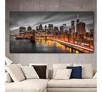 Grande toile murale représentant un paysage urbain de New York, Manhattan, pont de Brooklyn, coucher de soleil, vue nocturne, 60 x 120 cm (24 x 47 pouces), sans cadre