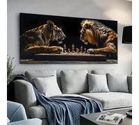 Grande toile représentant une scène majestueuse de tigres et de lions jouant aux échecs, décoration murale moderne pour salon et chambre à coucher, motif animalier complexe, 50 x 100 cm, sans cadre