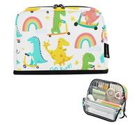Grande trousse à crayons à fermeture éclair - Trousse de rangement mignonne pour filles - Fournitures de bureau - Motif dinosaures mignons - Blanc