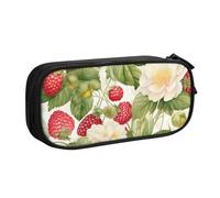Grande trousse à crayons à motif de fleur de fraise pour garçons et filles - Grande trousse à crayons pour l'école et le bureau - Trousse de maquillage zippée, Noir , 21x5x10.5cm, Trousse de