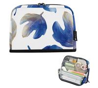 Grande trousse à crayons aquarelle bleue avec motif feuilles de figuier blanches avec fermeture éclair pour crayons, salle de classe, garçons motif universitaire, fournitures scolaires et de bureau