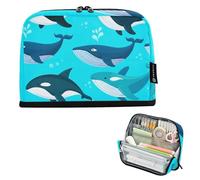 Grande trousse à crayons avec fermeture éclair - Motif baleine de dessin animé - Bleu - Pour filles et salles de classe - Pour le bureau et les enfants - Pour la rentrée scolaire