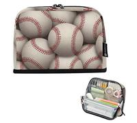 Grande trousse à crayons avec fermeture éclair - Motif baseball - Blanc et rouge