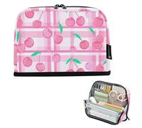 Grande trousse à crayons avec fermeture éclair - Motif cerises et feuilles vertes - Pour adolescentes et filles - Motif floral rose - Pour adultes et enfants - Pour la rentrée scolaire