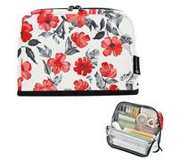 Grande trousse à crayons avec fermeture éclair - Motif floral rouge et gris - Pour garçons et adolescentes - Fournitures de bureau personnalisées