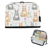 Grande trousse à crayons avec fermeture éclair - Motif lapins gris - Motif floral - Pour filles - Papeterie imprimée - Fournitures de rentrée scolaire