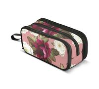 Grande trousse à crayons avec fermeture éclair pour filles, idéale pour le bureau, l'université, les fournitures scolaires, motif floral, blanc, bordeaux, fleurs rouges, 22,5 x 9 x 11 cm