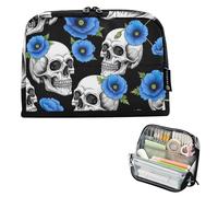 Grande trousse à crayons avec motif crânes et coquelicots bleus avec fermeture éclair noire - Grande trousse à crayons pour salle de classe - Pour garçons et étudiants - Pour la rentrée scolaire