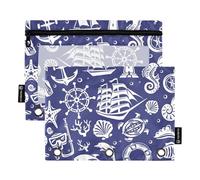 Grande trousse à crayons blanche avec fenêtre transparente et motif icônes de la mer, bleu marine, grandes poches robustes perforées à 3 trous pour ranger les fournitures scolaires, étudiants