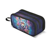 Grande trousse à crayons de grande capacité avec 3 compartiments, fleur de loup et attrape-rêves, fournitures scolaires, fournitures de bureau, trousse de maquillage, organisateur de rangement pour