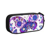 Grande trousse à crayons ethnique avec motif papillon pour garçons et filles - Grande trousse à crayons avec fermeture éclair - Motif mandala et fleur, Noir , 21x5x10.5cm, Trousse de maquillage