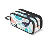 Grande trousse à crayons imprimée avec fermeture éclair pour garçons, adolescents, filles, adultes, enfants, organisateur de rentrée scolaire, animaux de dessin animé, baleine, bleu, 22,5 x 9 x 11 cm