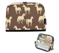 Grande trousse à crayons marron avec fermeture éclair - Motif silhouettes de chevaux - Grande trousse de rangement pour filles et salle de classe - Organiseur amusant pour la rentrée scolaire