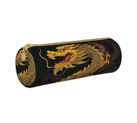 Grande trousse à crayons ronde en cuir avec imprimé dragon jaune doré chinois pour hommes, femmes, adolescents, étudiants, blanc, Taille unique, Cartable