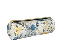 Grande trousse à crayons ronde en cuir avec motif floral bleu imprimé roses pour hommes, femmes, adolescents, étudiants, blanc, Taille unique, Cartable