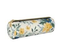 Grande trousse à crayons ronde en cuir avec motif floral bleu jaune imprimé pour hommes, femmes, adolescents, étudiants, blanc, Taille unique, Cartable