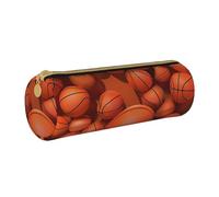 Grande trousse à crayons ronde en cuir imprimé basket-ball orange pour hommes, femmes, adolescents, étudiants, blanc, Taille unique, Cartable