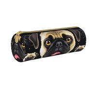 Grande trousse à crayons ronde en cuir imprimé carlin noir et jaune pour hommes, femmes, adolescents, étudiants, blanc, Taille unique, Cartable