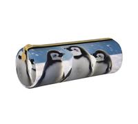Grande trousse à crayons ronde en cuir imprimé de jeunes pingouins avec neige pour hommes, femmes, adolescents, étudiants, blanc, Taille unique, Cartable